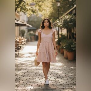 Monteau Floral Ruffle-Sleeve Mini Dress in Dusty Pink